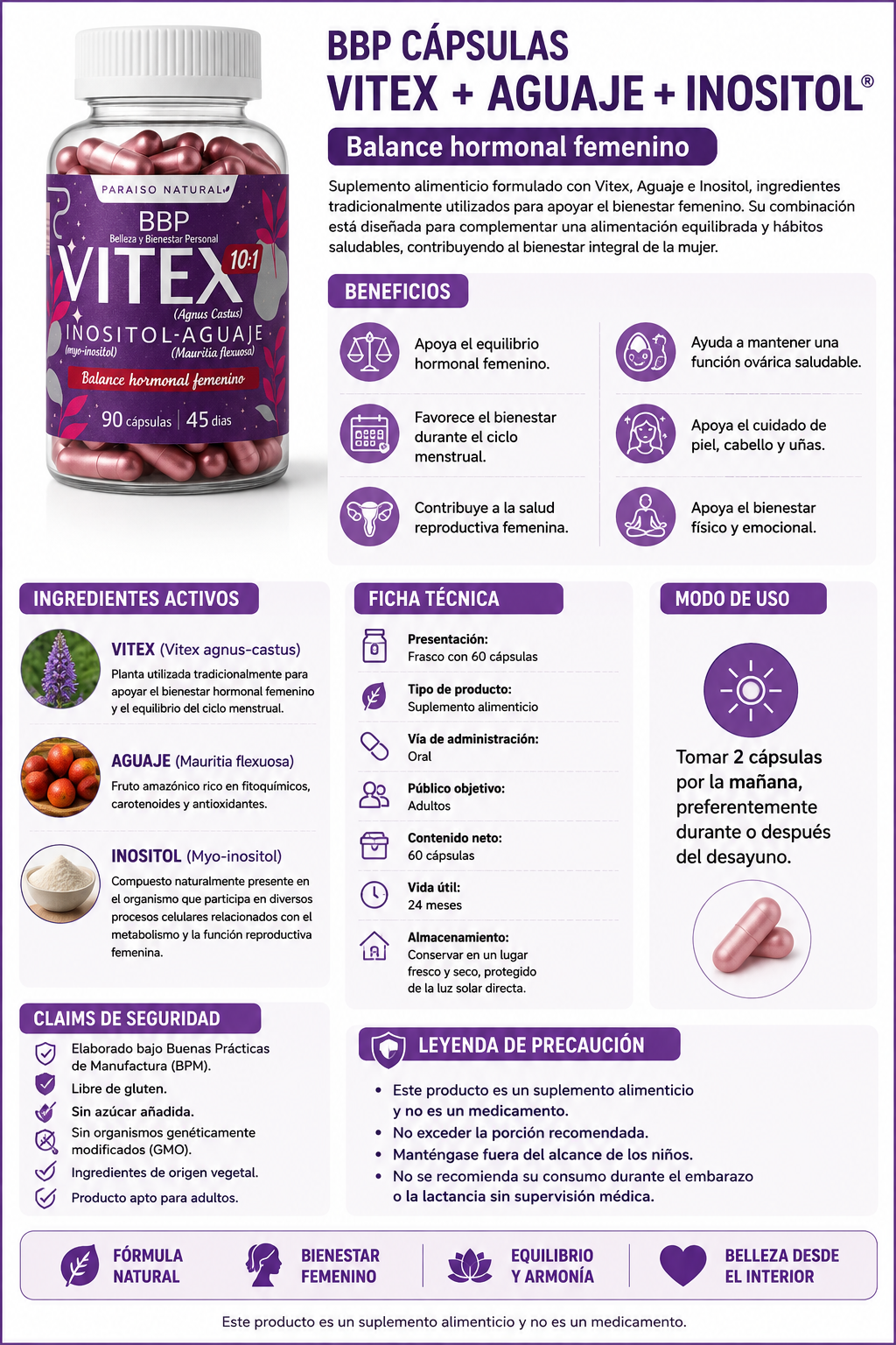 Capsulas. Vitex , Inositol + Aguaje C/60