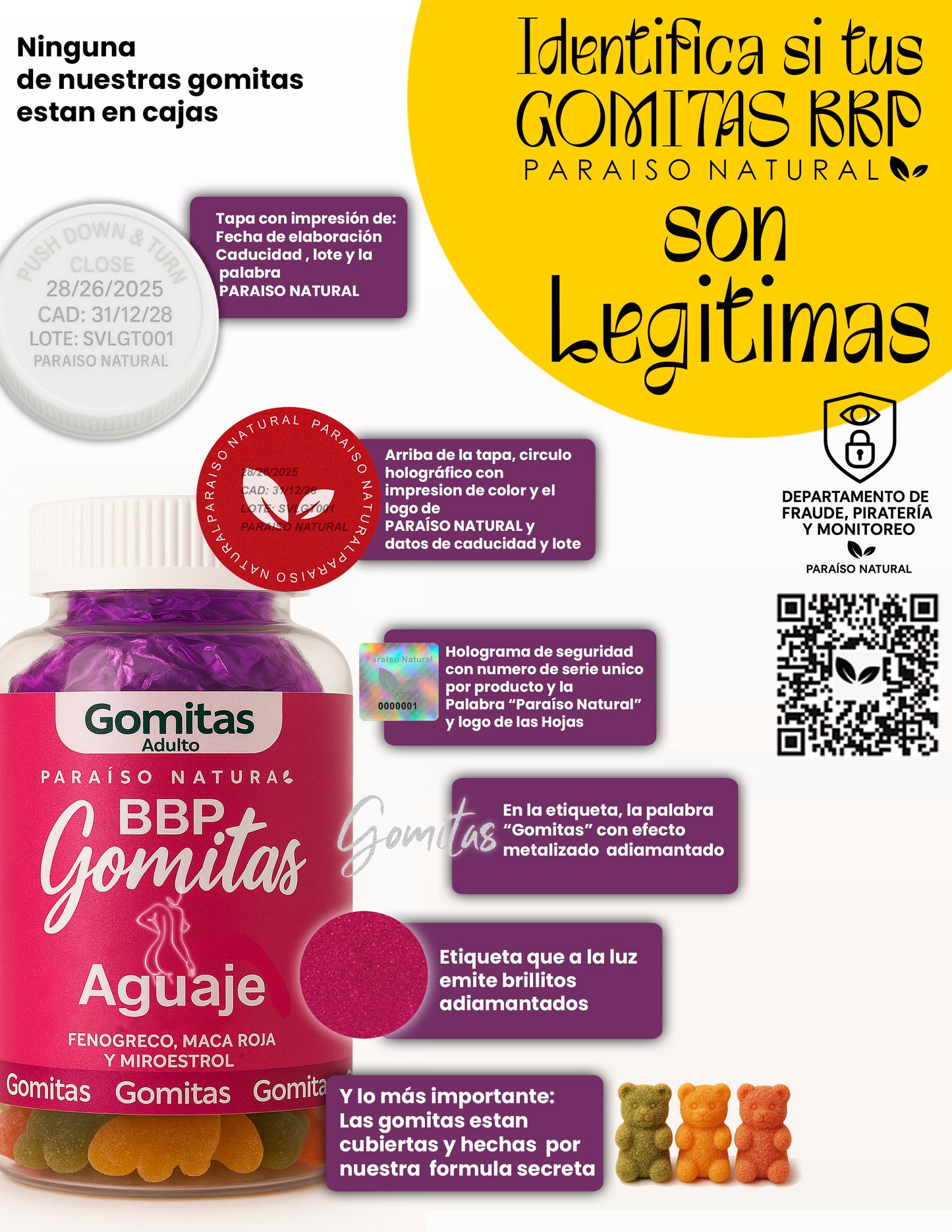 BBP Gomitas Aguaje peruano + Fenogreco c/60 Bote Rosa Paraíso Natural