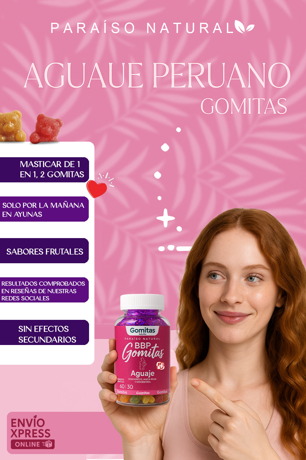 BBP Gomitas Aguaje peruano + Fenogreco c/60 Bote Rosa Paraíso Natural